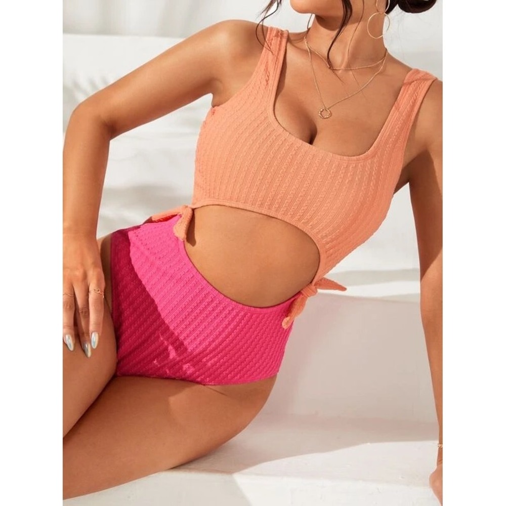Ribbed Cutout One Piece Swimsuit Tie Side Sleeveless Two Tone Bathing Suit XL